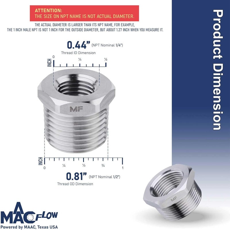 MAACFLOW Stainless Steel 1/2" Male NPT to 1/4" Female NPT Adapter Reducer Hex Bushing (Thread OD 0.81" - ID 0.44") (Pack of 1) - Image 2